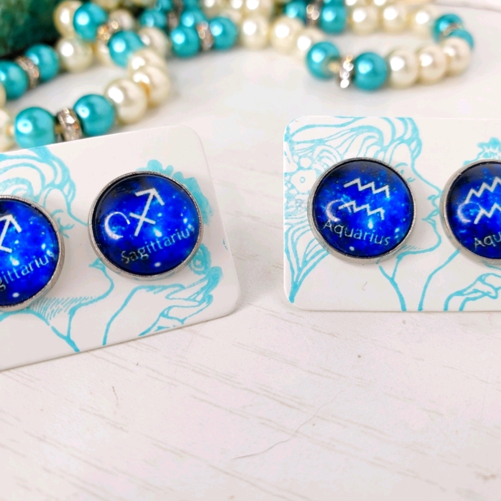 Blue Zodiac Flatback Stud Earrings